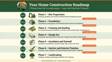 Seven-phase custom home construction sequence from site preparation to landscaping