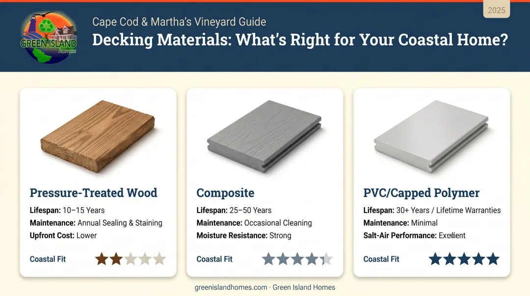 Decking material comparison chart pressure-treated composite and PVC lifespan coastal fit