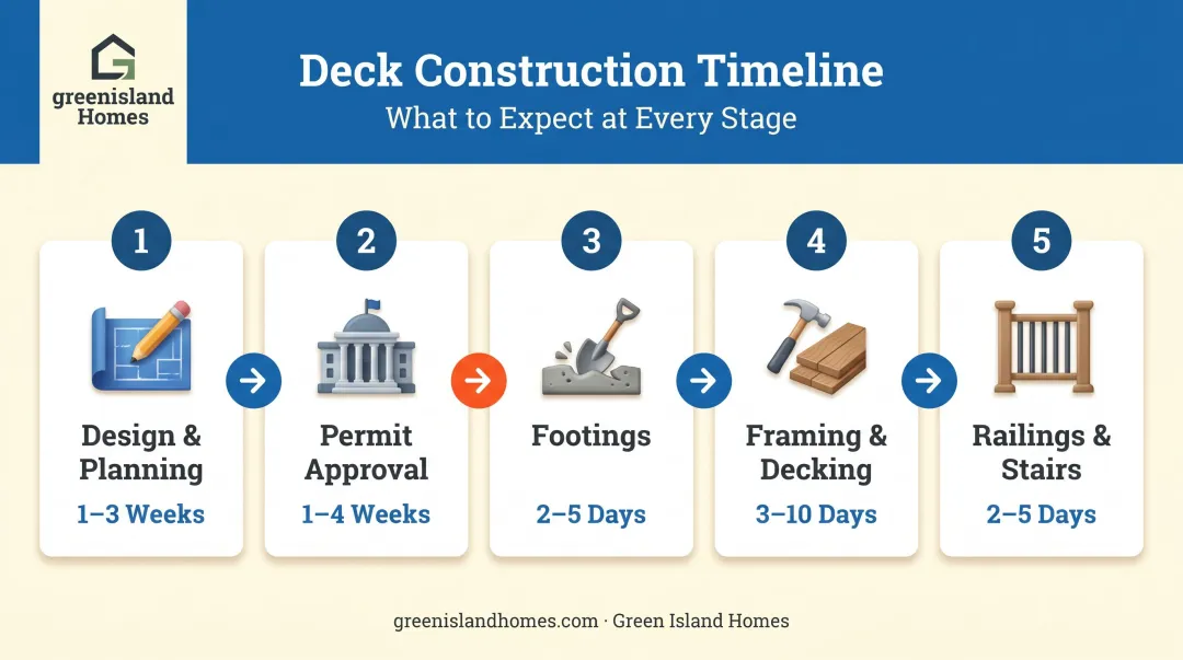 5-stage residential deck construction timeline from design to railings completion