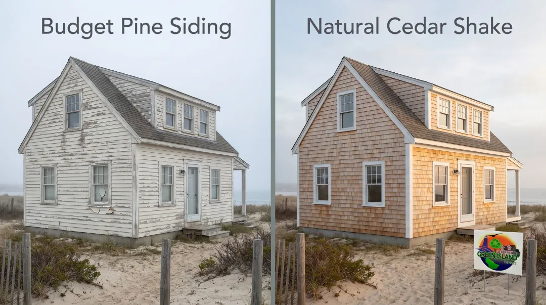 Side-by-side coastal homes comparing budget pine versus premium cedar siding longevity