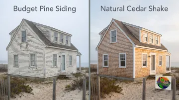 Side-by-side coastal homes comparing budget pine versus premium cedar siding longevity