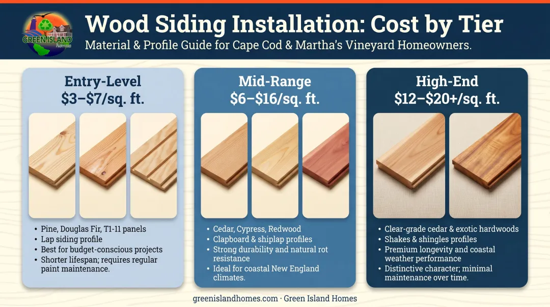 Three-tier wood siding cost breakdown from budget to premium per square foot