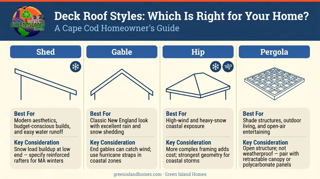 Four freestanding deck roof styles comparison shed gable hip pergola