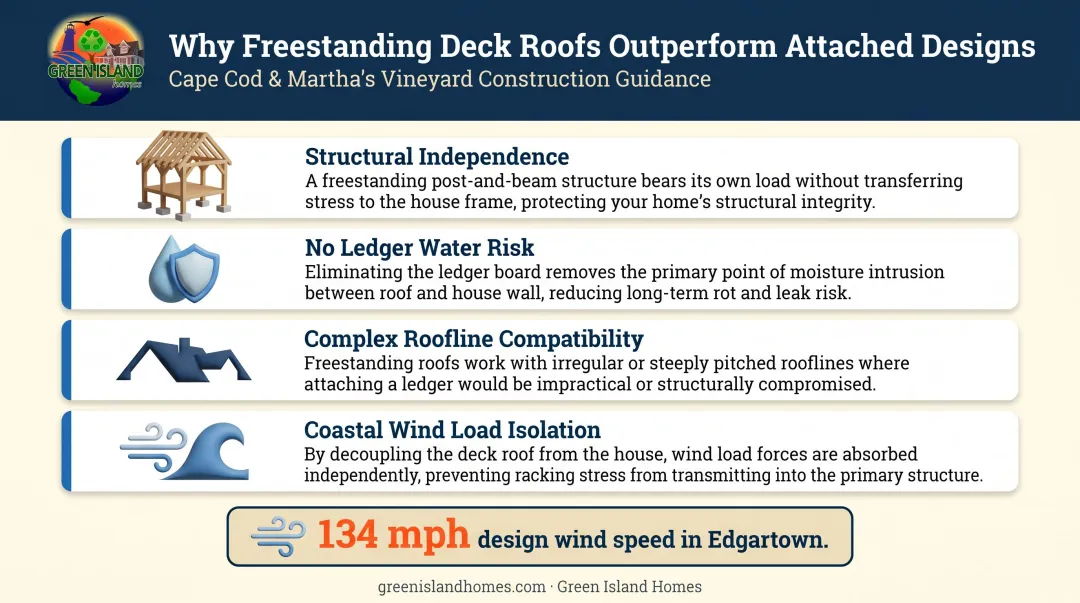 Four key reasons freestanding deck roof outperforms attached design infographic