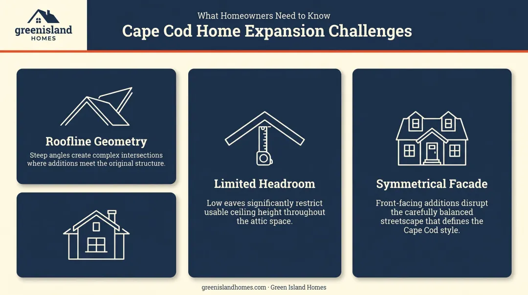 Three Cape Cod home expansion challenges roofline symmetry and headroom infographic