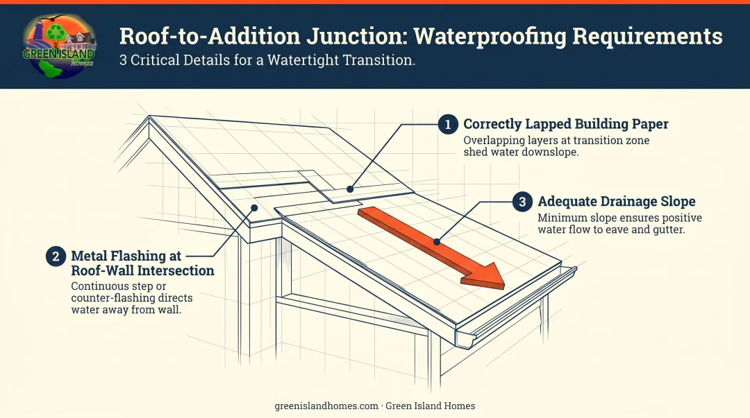 Roof junction flashing requirements diagram for Cape Cod addition waterproofing