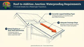 Roof junction flashing requirements diagram for Cape Cod addition waterproofing