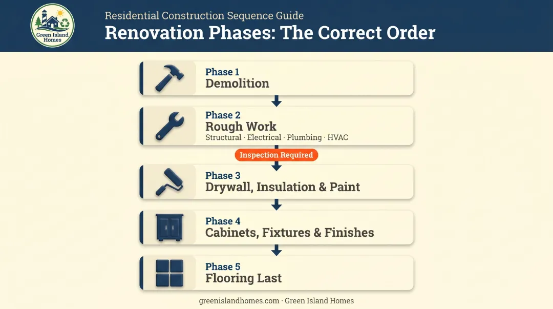 5-phase home renovation sequence order from demolition to flooring installation