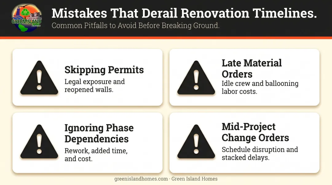Four common renovation timeline mistakes and their consequences warning infographic