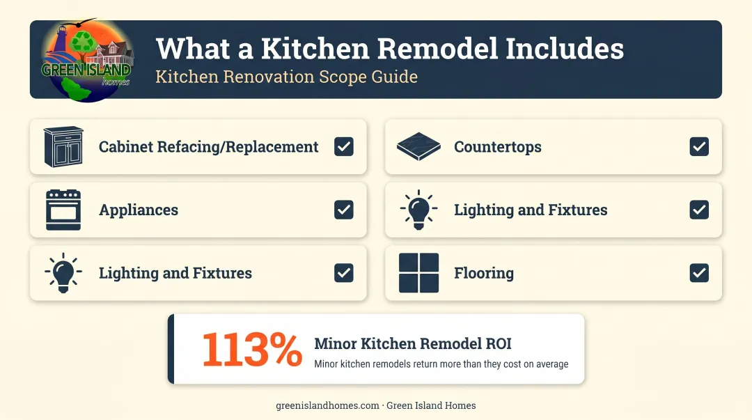 Kitchen remodel checklist showing five key components and upgrade options