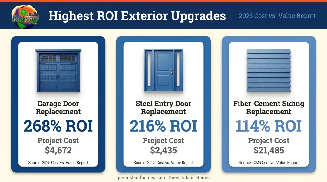 Top three exterior renovation projects ROI comparison chart with costs and returns
