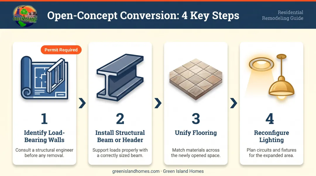 Four-step open-concept floor plan conversion process flow diagram