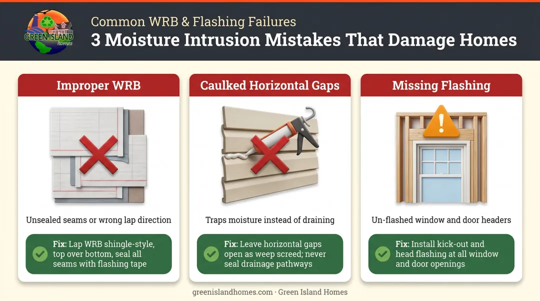 Three common moisture intrusion causes behind exterior shiplap siding diagnosis infographic