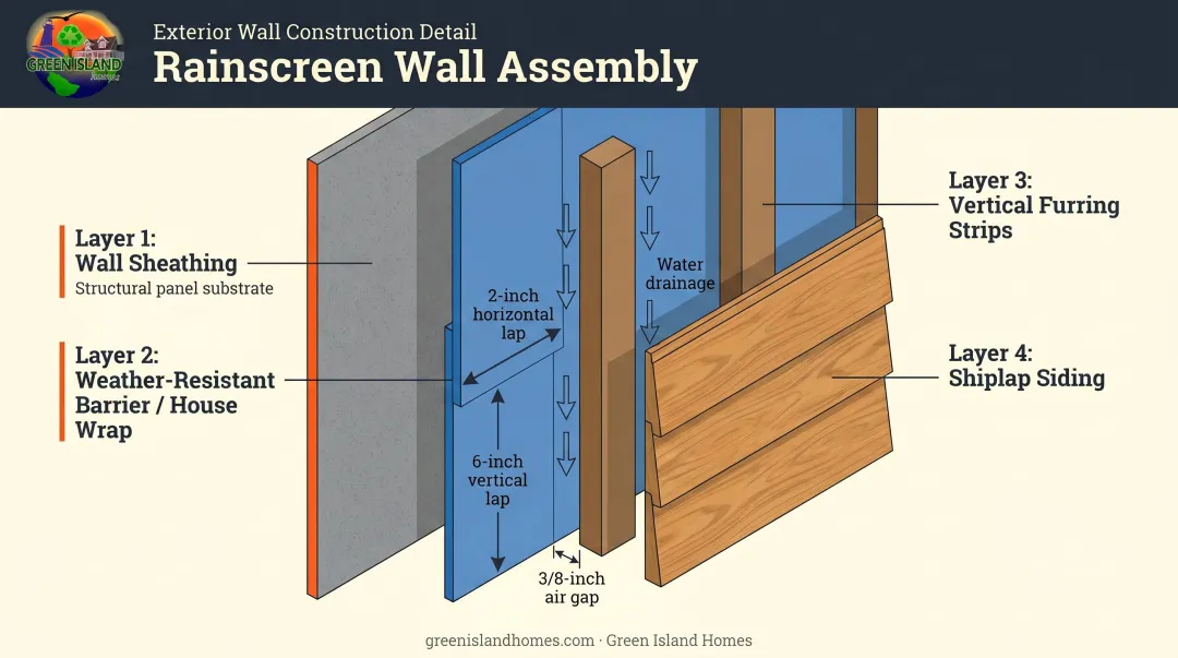 Exterior wall assembly cross-section showing sheathing weather barrier furring strip and shiplap layers