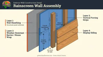 Exterior wall assembly cross-section showing sheathing weather barrier furring strip and shiplap layers