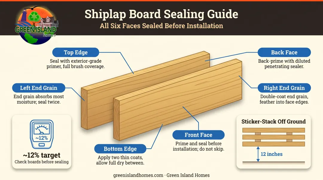 Six-sided exterior shiplap board pre-finishing diagram with moisture sealing instructions