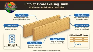 Six-sided exterior shiplap board pre-finishing diagram with moisture sealing instructions