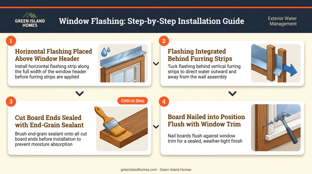 Exterior shiplap window flashing installation sequence showing correct water-shedding integration steps