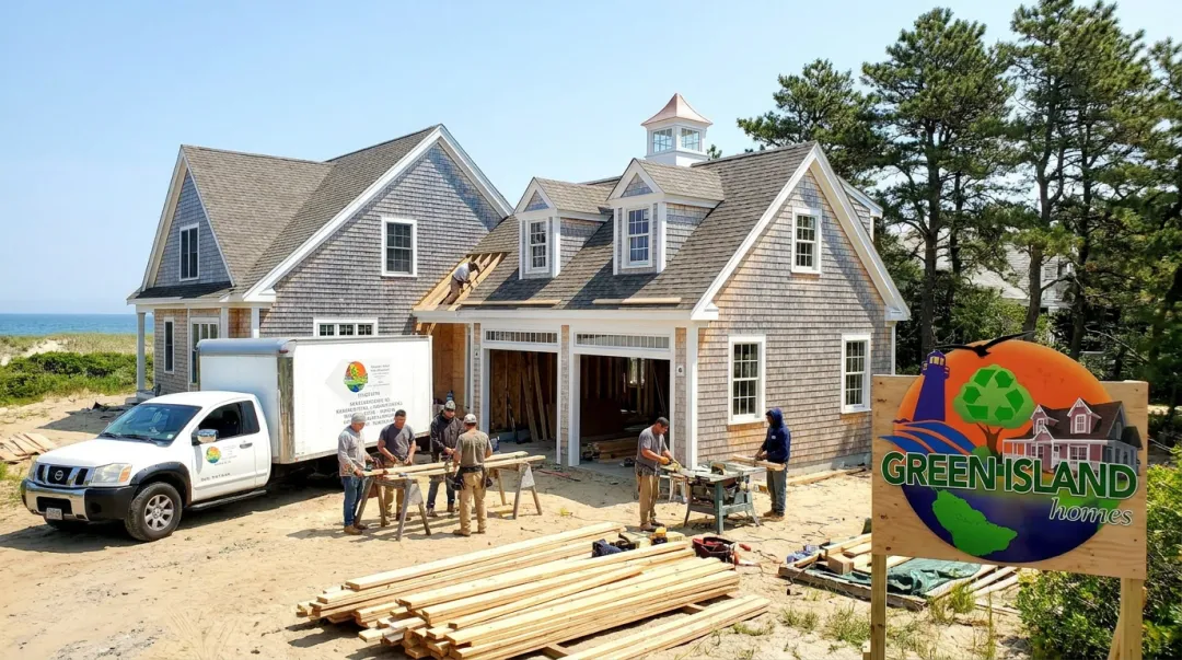 Green Island Homes contractor team reviewing Colonial garage addition plans on site