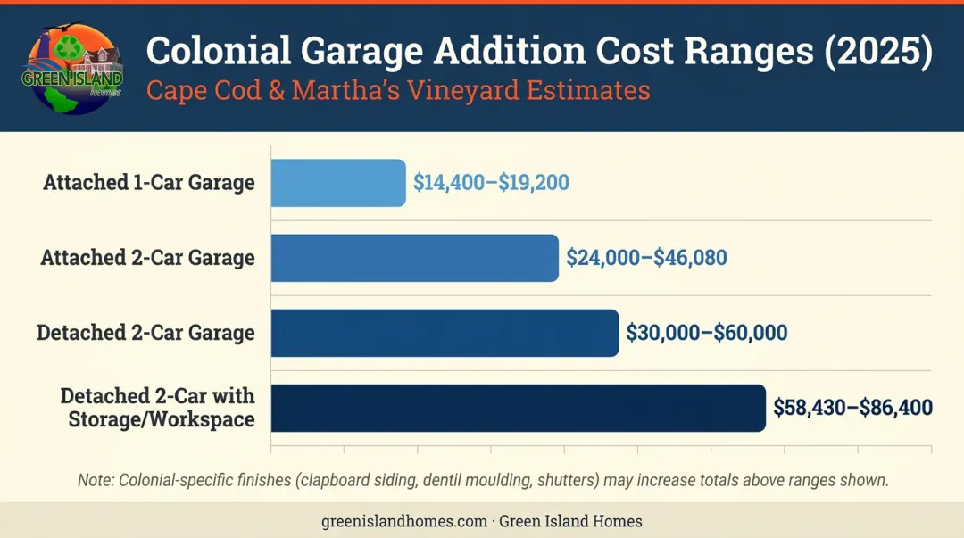 Colonial garage addition cost ranges by type from attached single car to detached with workspace