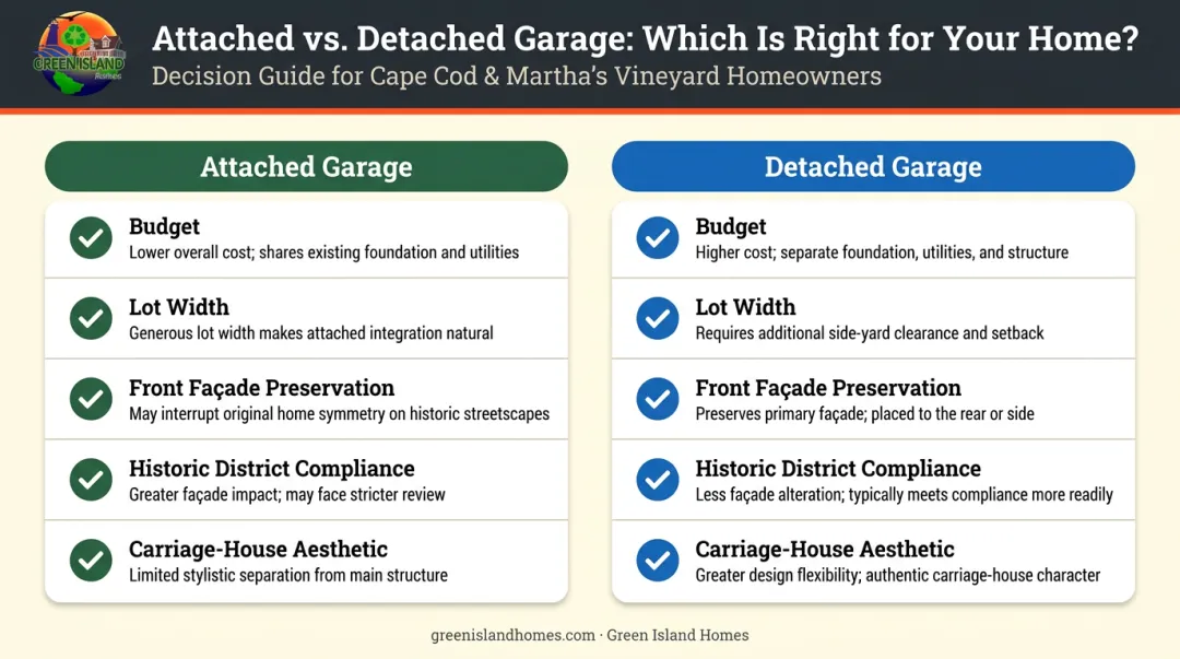 Attached versus detached Colonial garage decision framework comparison chart