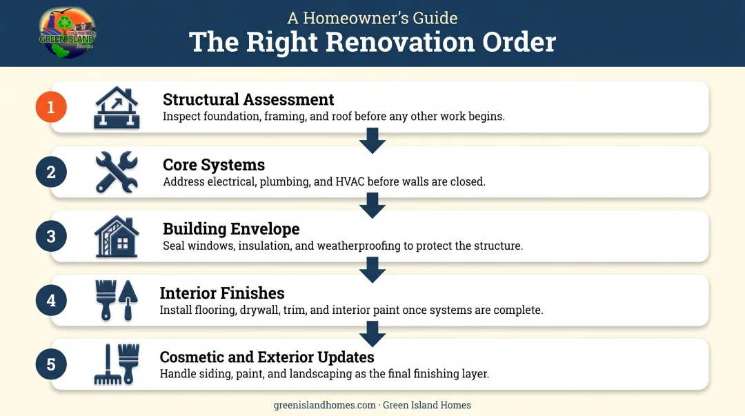 5-step old home renovation sequence from structure to exterior finishes