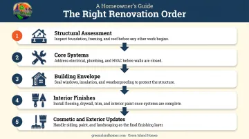 5-step old home renovation sequence from structure to exterior finishes