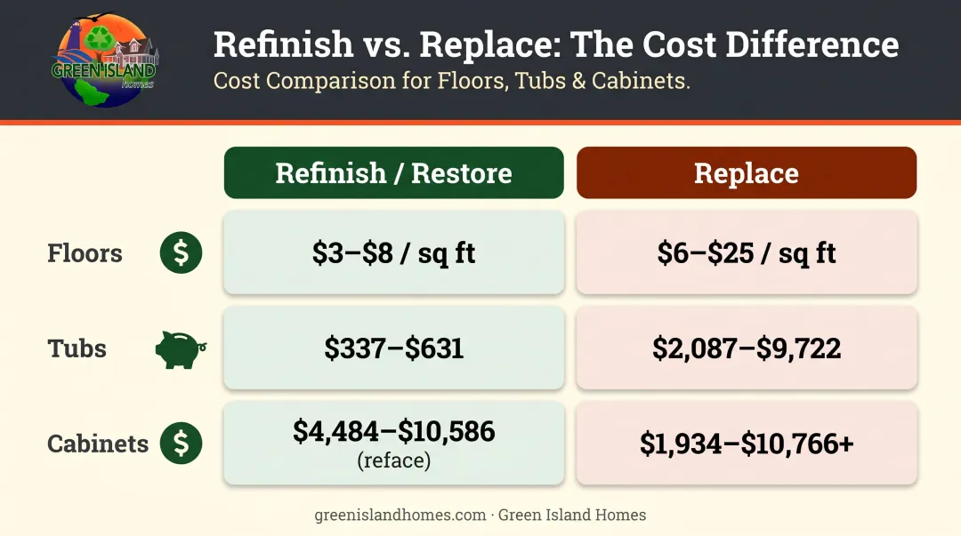 Refinish versus replace cost comparison for floors tubs and cabinets