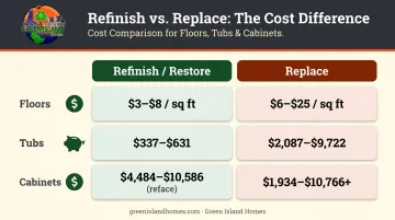 Refinish versus replace cost comparison for floors tubs and cabinets