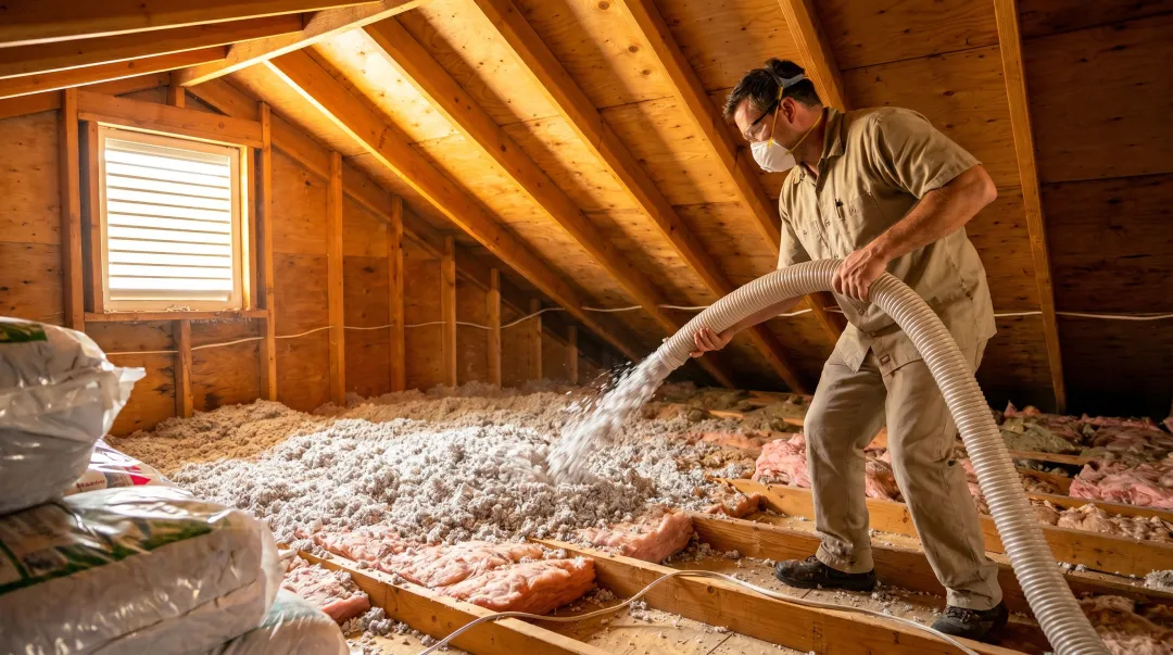 Home insulation installation in attic showing energy efficiency upgrade process