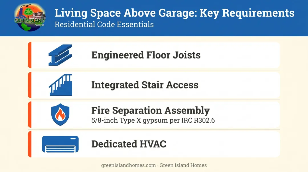 Four structural requirements for garage addition with living space above infographic