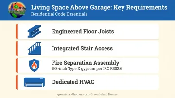 Four structural requirements for garage addition with living space above infographic