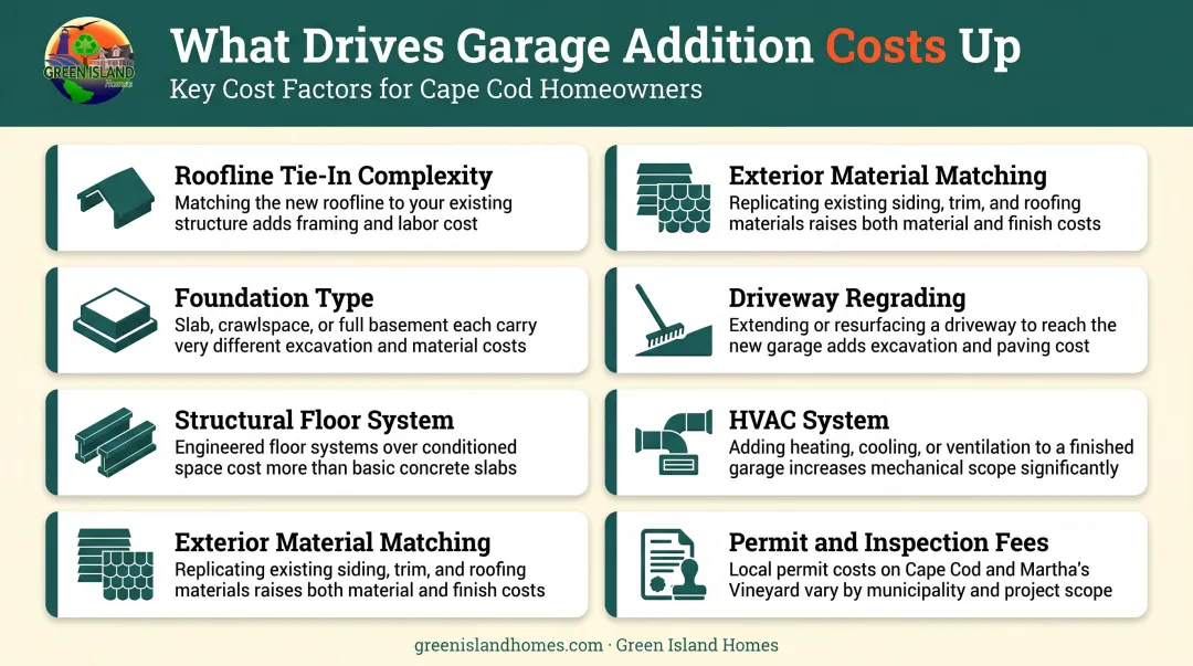 Seven cost factors driving split-level garage addition budget higher infographic