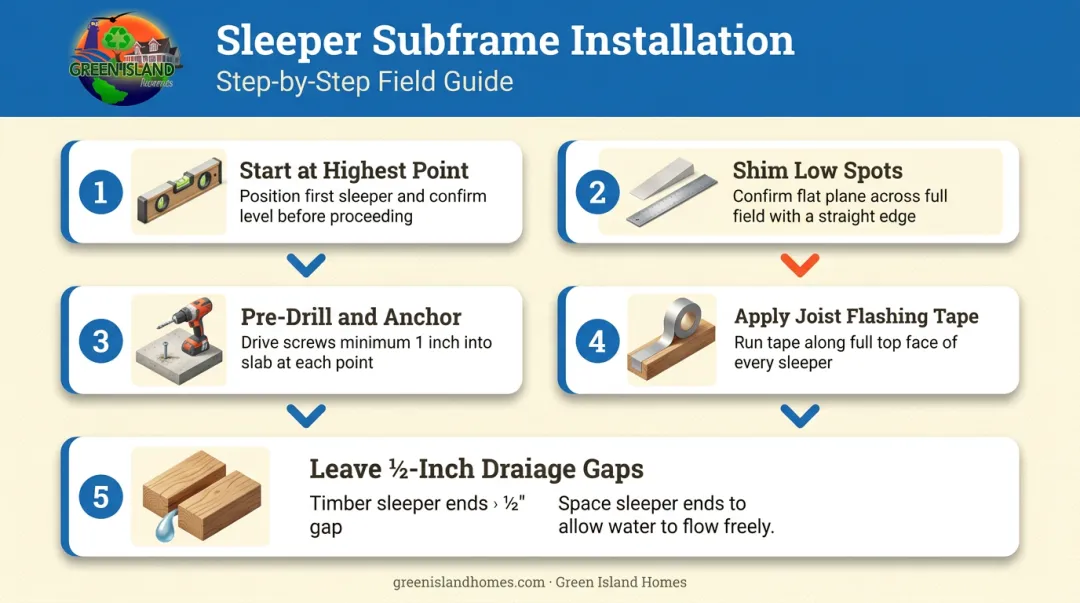 5-step sleeper subframe installation process for composite decking over concrete