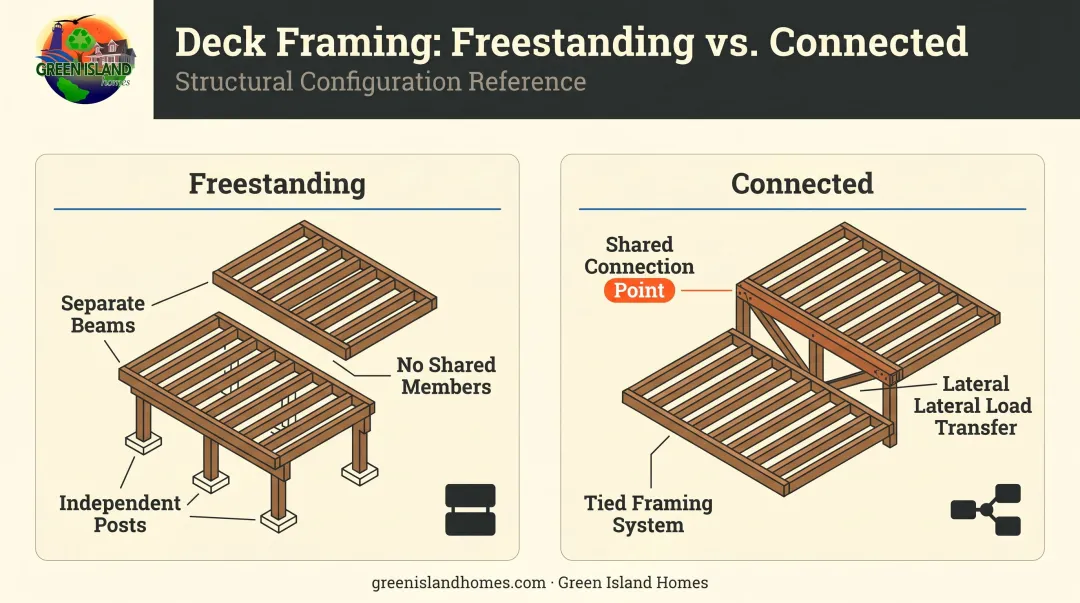 Freestanding versus connected multi-level deck framing comparison infographic
