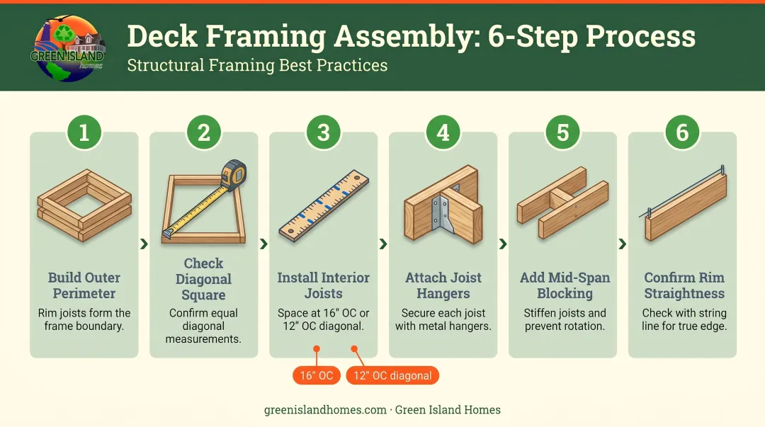 6-step ground-level deck frame assembly sequence with joist spacing specifications