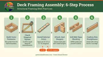 6-step ground-level deck frame assembly sequence with joist spacing specifications