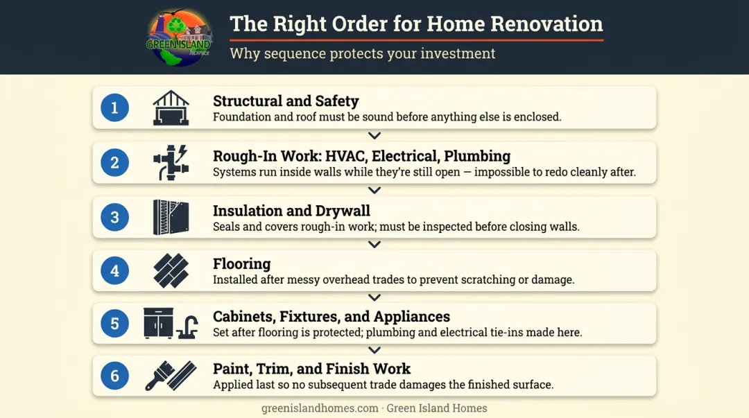 6-step home renovation sequencing process flow from structural work to final finishes