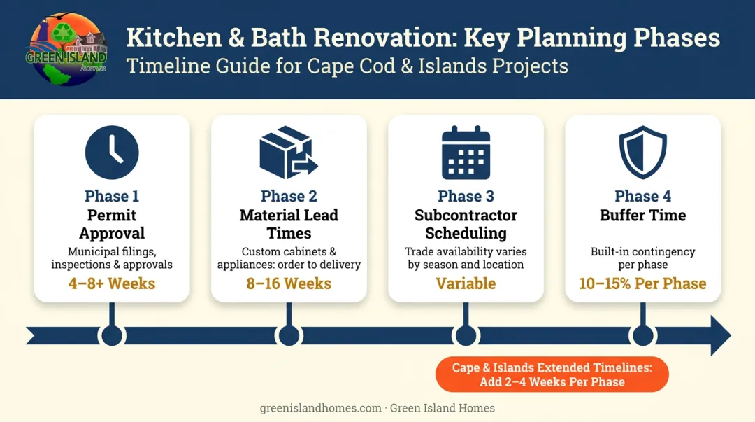 Home renovation timeline planning phases from permit approval to project completion buffer
