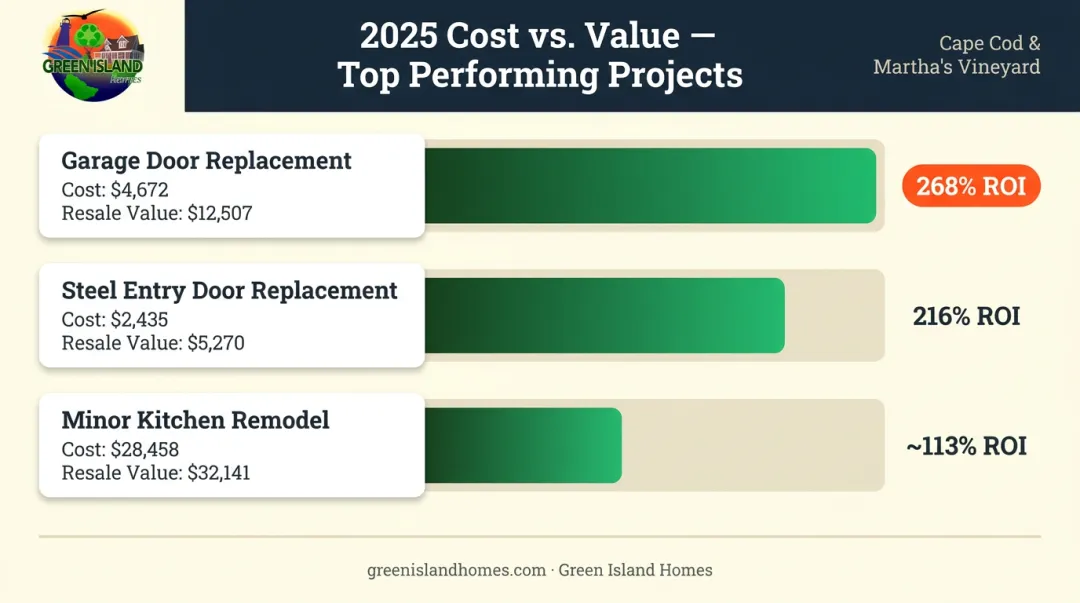 Top home renovation ROI comparison showing garage door entry door and kitchen remodel returns
