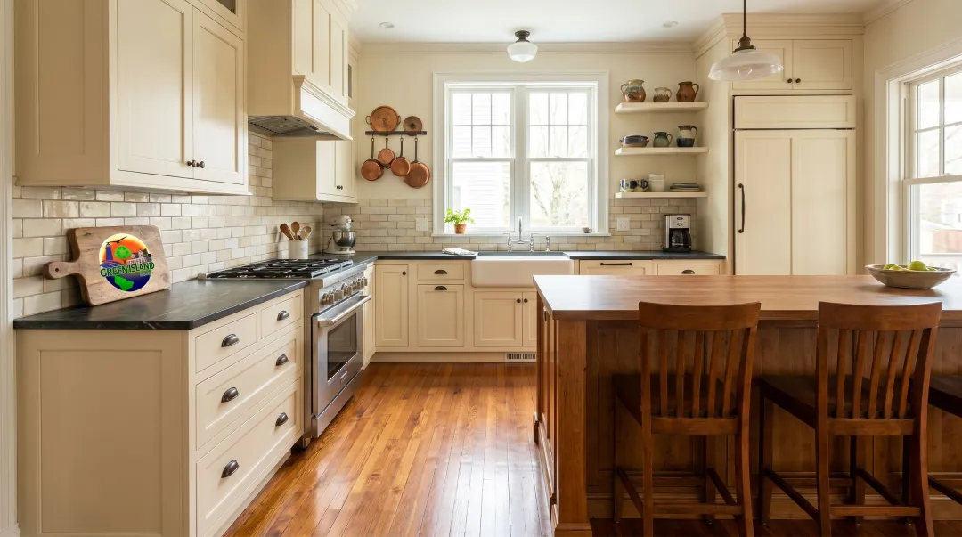 Renovated Cape Cod kitchen with shaker cabinets original hardwood floors and period hardware