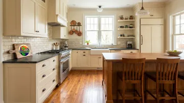 Renovated Cape Cod kitchen with shaker cabinets original hardwood floors and period hardware