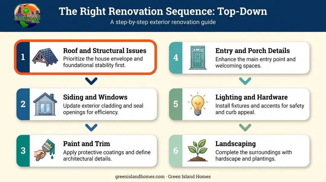 6-step exterior renovation sequencing process top-down order infographic