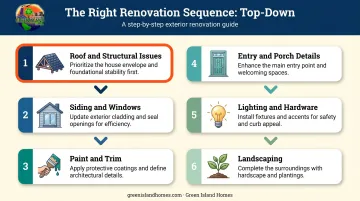 6-step exterior renovation sequencing process top-down order infographic