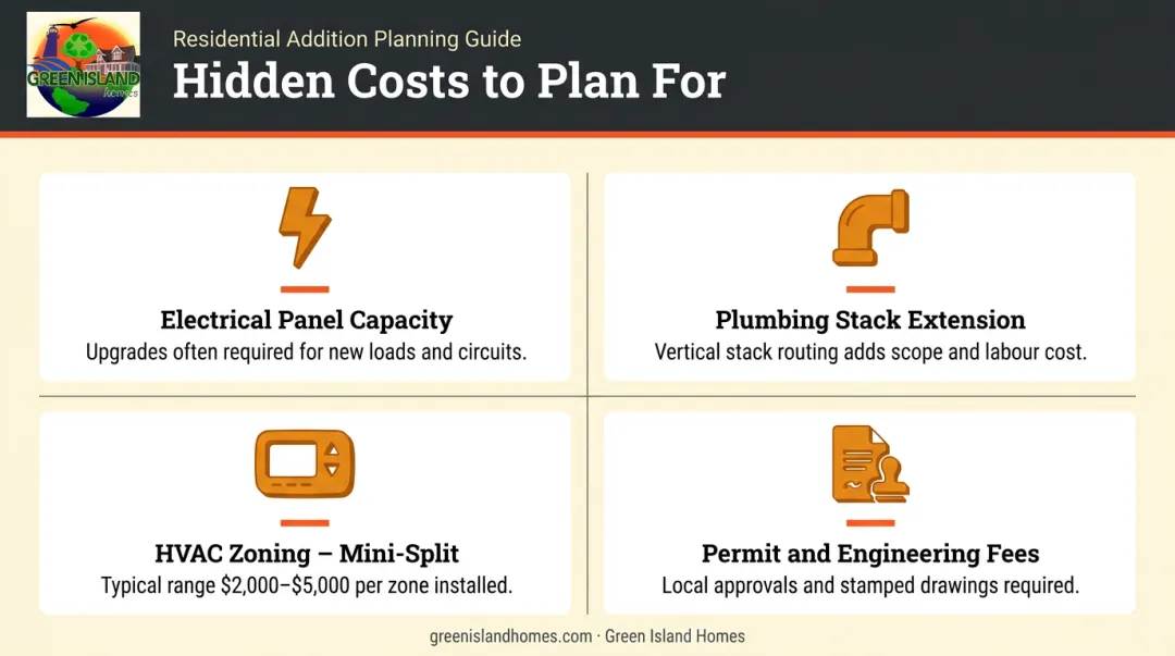 Four hidden cost categories in raised ranch master suite addition planning infographic