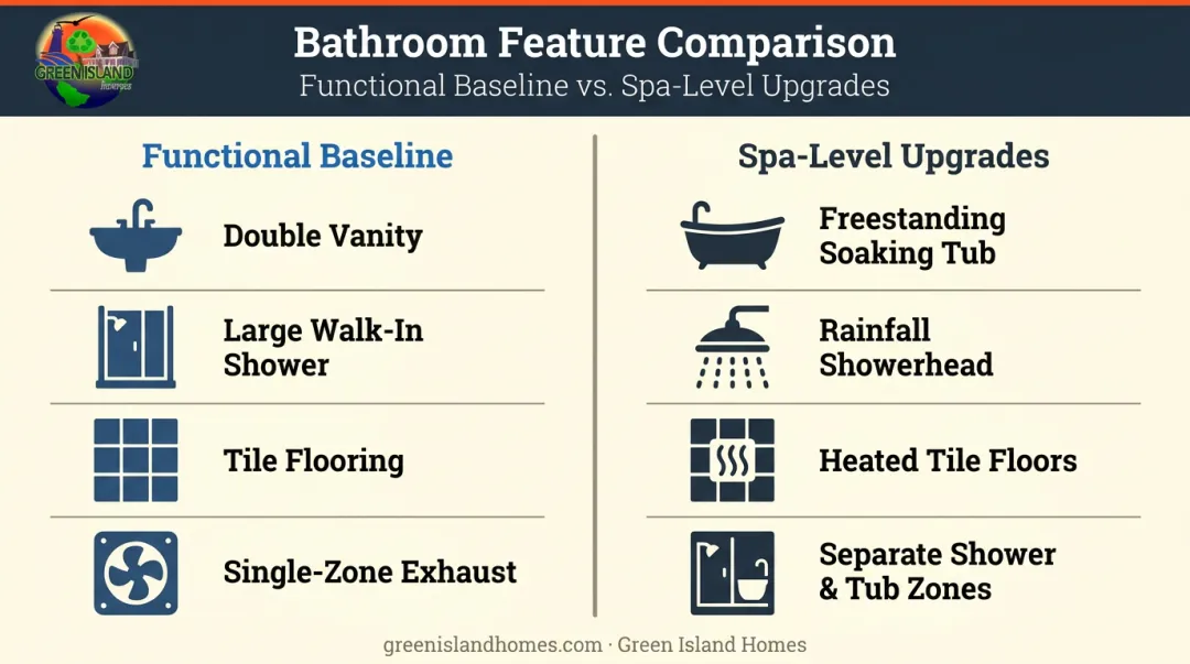 Master suite bathroom features comparison functional baseline versus spa-level upgrades