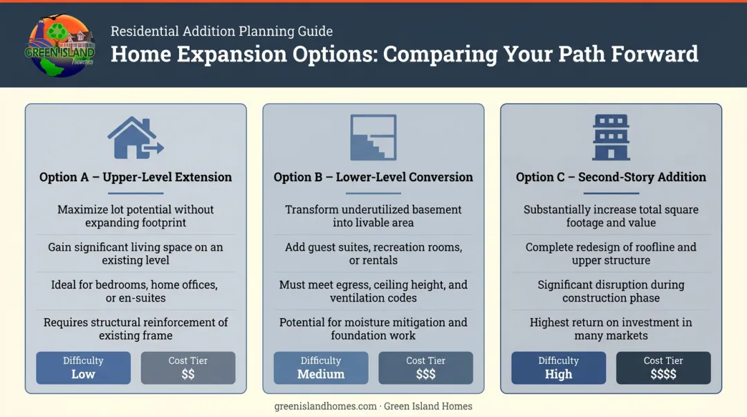 Three raised ranch master suite expansion options compared side-by-side infographic