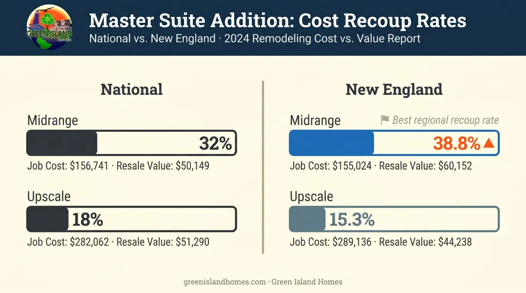 New England versus national master suite addition cost recovery comparison infographic