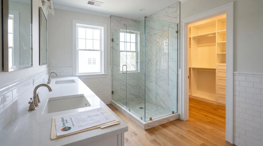 Luxury ensuite bathroom with dual vanity tiled walk-in shower and walk-in closet