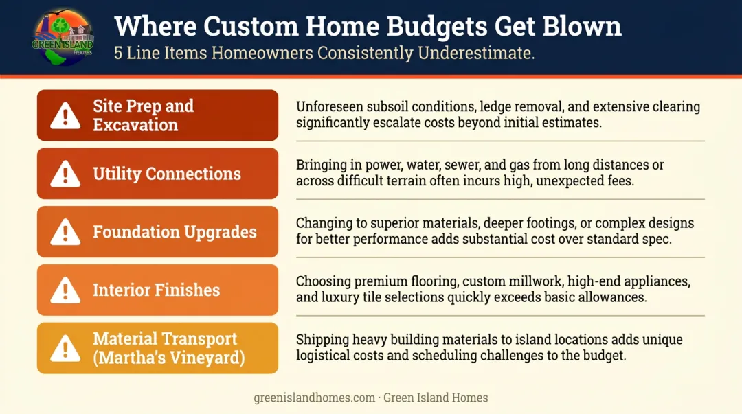 Five budget overrun categories in custom home construction with cost drivers